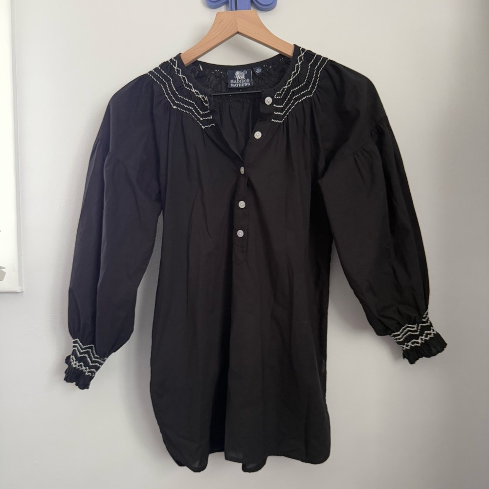 Madison Mathews XS Remy Smock Blouse Black Puff Sleeve Relaxed Boho Peasant